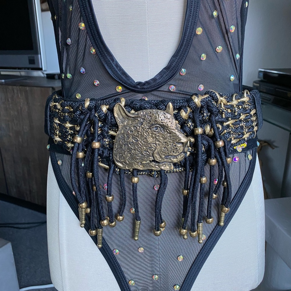 SOLD Vintage 70s Beaded Gold Leopard Fringe Crochet Waist Belt free people biker